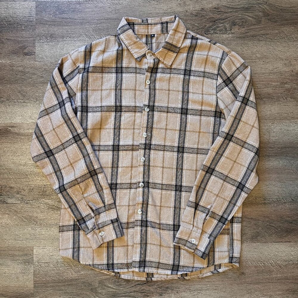 Casual Button Down Mens Medium Beige Tan Plaid Dressy Flannel Shirt